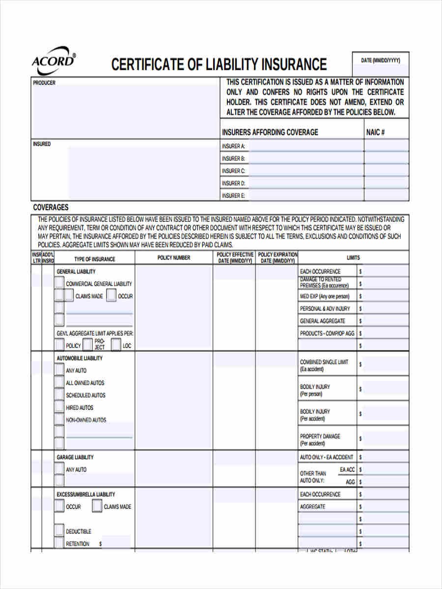 10 Liability Insurance Form Samples Free Sample Example Format Document Certificate