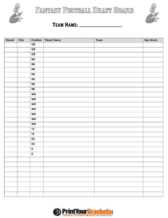 100 Square Football Board Printable Fantasy Draft Document Sheet Template