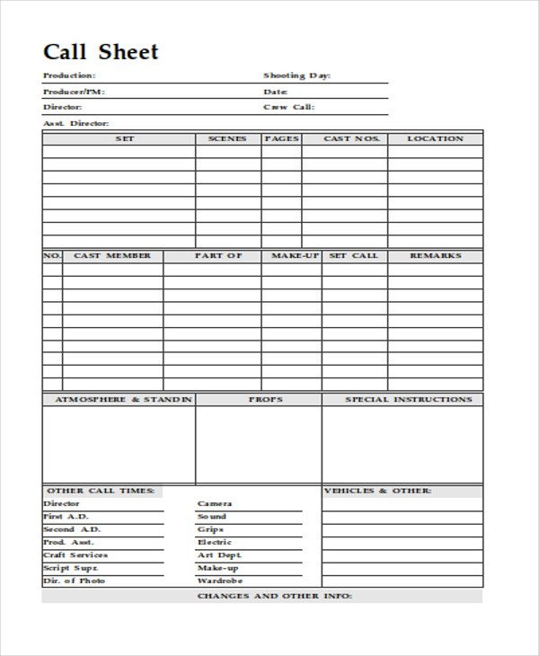 11 Call Sheet Free Premium S Document Cold