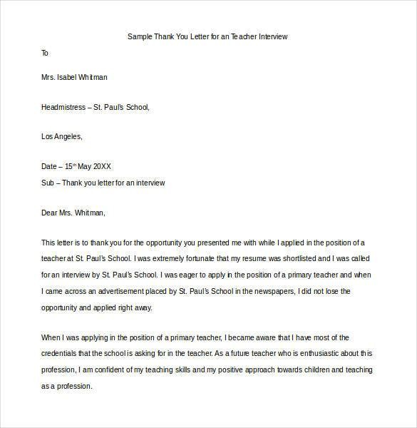 11 Thank You Email After Teaching Interview PDF DOC Free Document Sample Letter Via