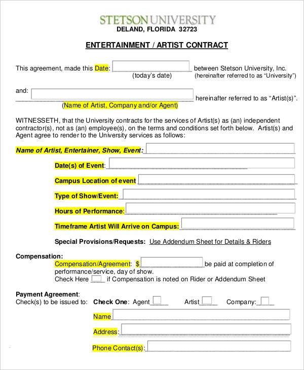 12 Artist Contract S Free Sample Example Format Download Document Agreement
