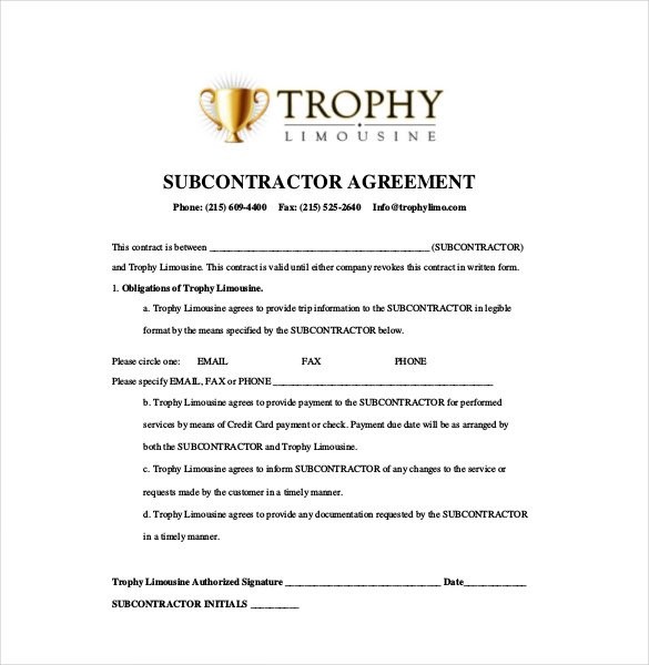 14 Subcontractor Agreement S Free Sample Example Format Document One Page Contract