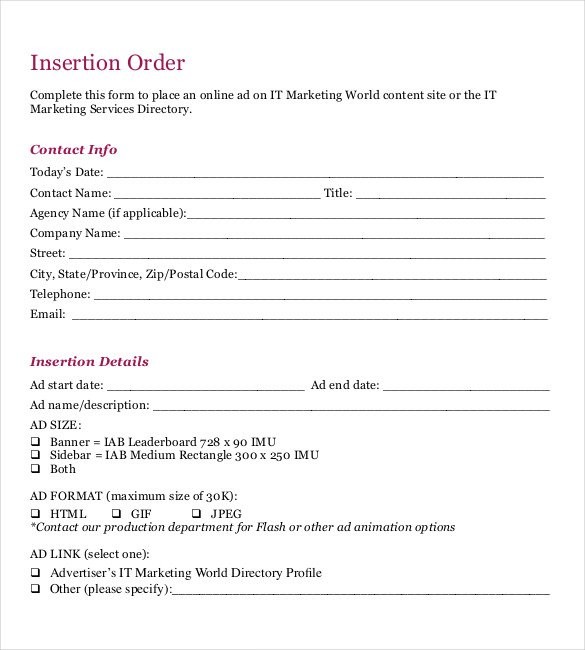 15 Insertion Order Templates Free Sample Example Format Document Template