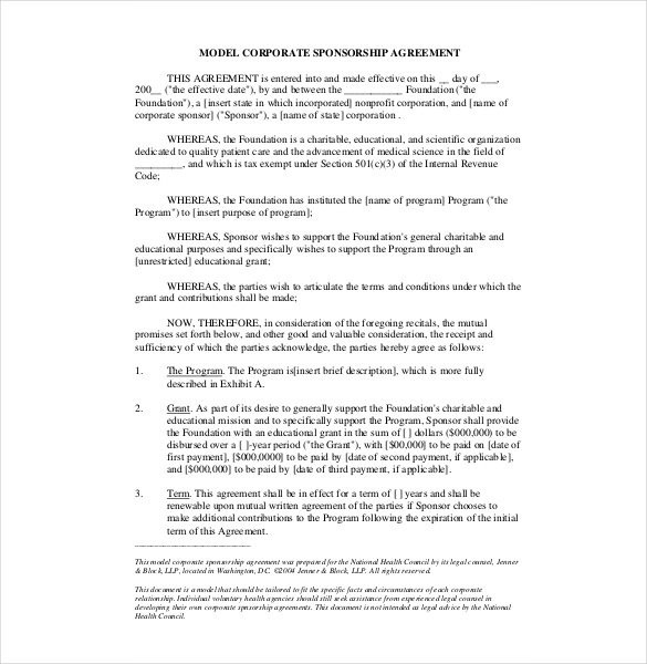 15 Sponsorship Agreement Templates Free Sample Example Format Document Corporate Template
