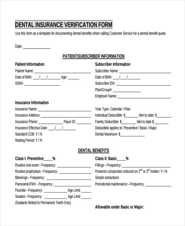 17 Sample Insurance Verification Forms Document Form