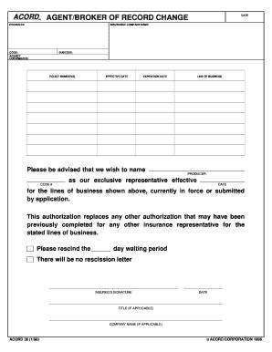 1998 Form Acord 36 Fill Online Printable Fillable Blank PDFfiller Document Agent Of Record