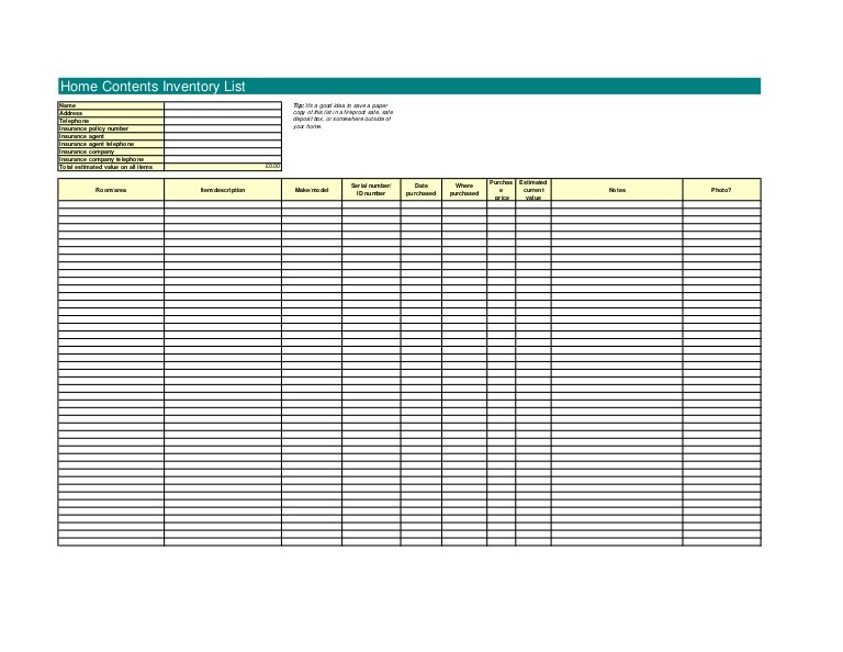 21836965 Home Contents Inventory Template Excel Document