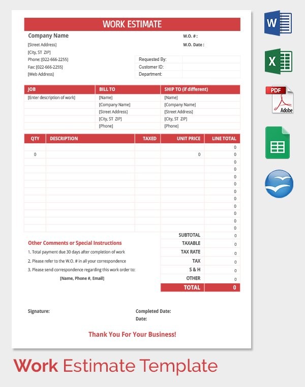 26 Blank Estimate S PDF DOC Excel ODT Free Premium Document Google