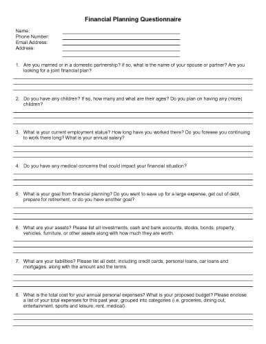 32 Sample Questionnaire Templates In Microsoft Word Document Financial Planning Template