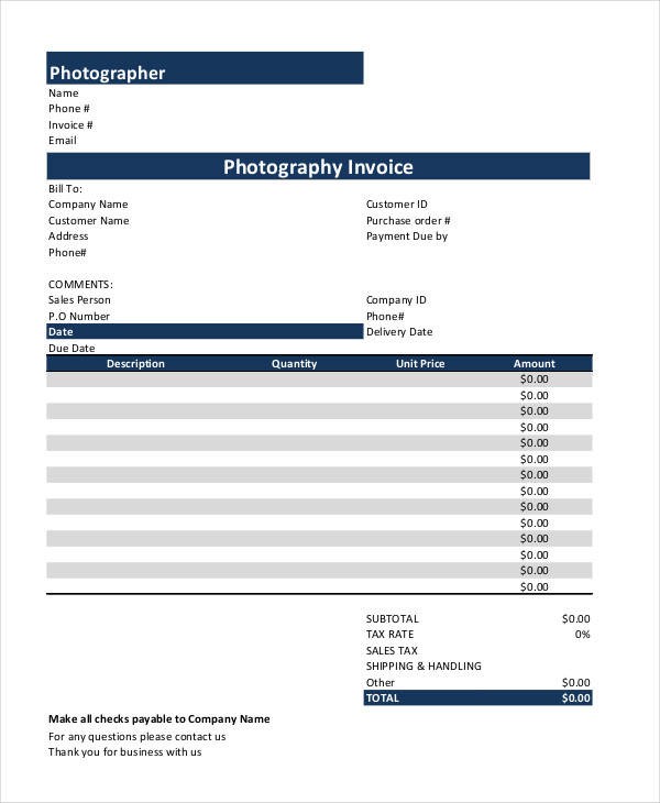 6 Sample Photography Receipt Template Free Example Document