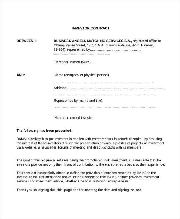 7 Investment Contract Templates Free Sample Example Format Document Investors Agreement