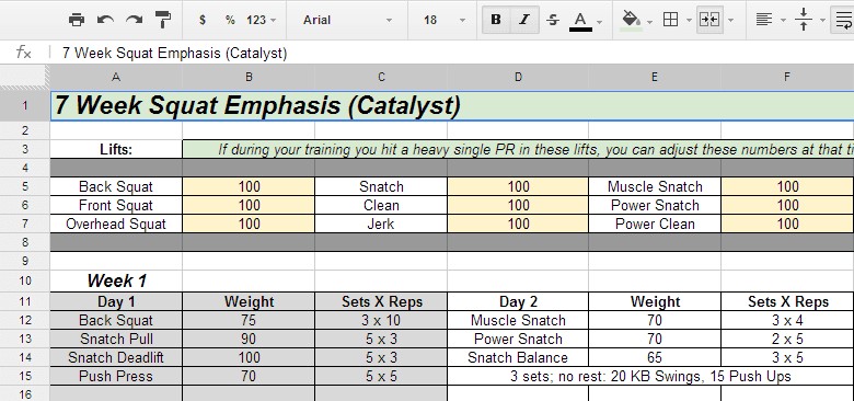 7 Week Squat Emphasis Spreadsheet All Things Gym Document