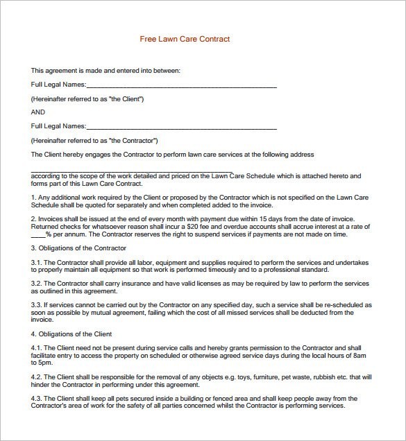 8 Lawn Service Contract Templates PDF DOC Free Premium Document Mowing Template