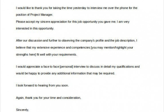 8 Thank You Note After Phone Interview Free Sample Example Document Email