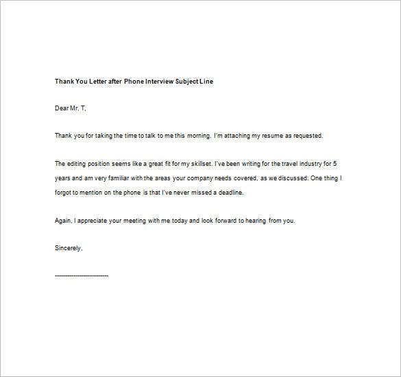 8 Thank You Note After Phone Interview Free Sample Example Document Subject Line For