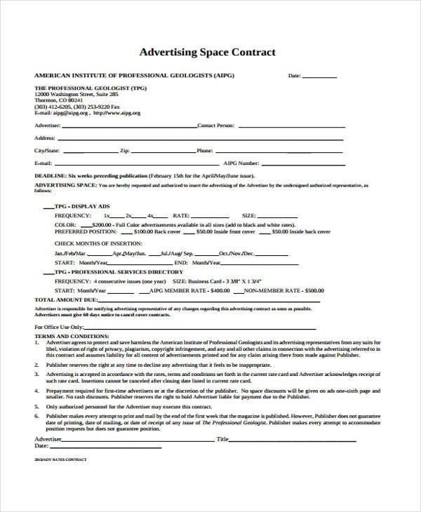 9 Advertising Contract Templates Sample Examples Free Document