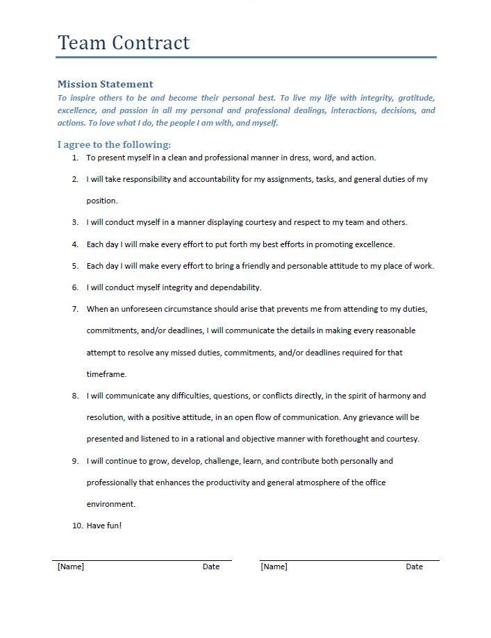 Accountability Contract For A Code Of Conduct Document Team Contracts Template