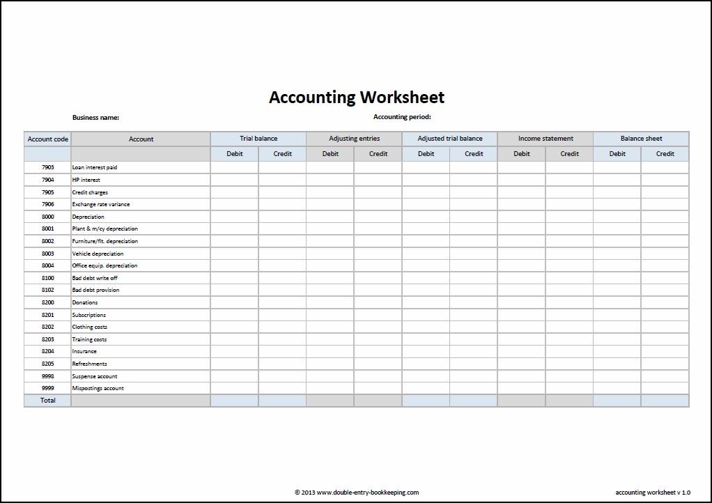 Accounting Worksheet Template Double Entry Bookkeeping
