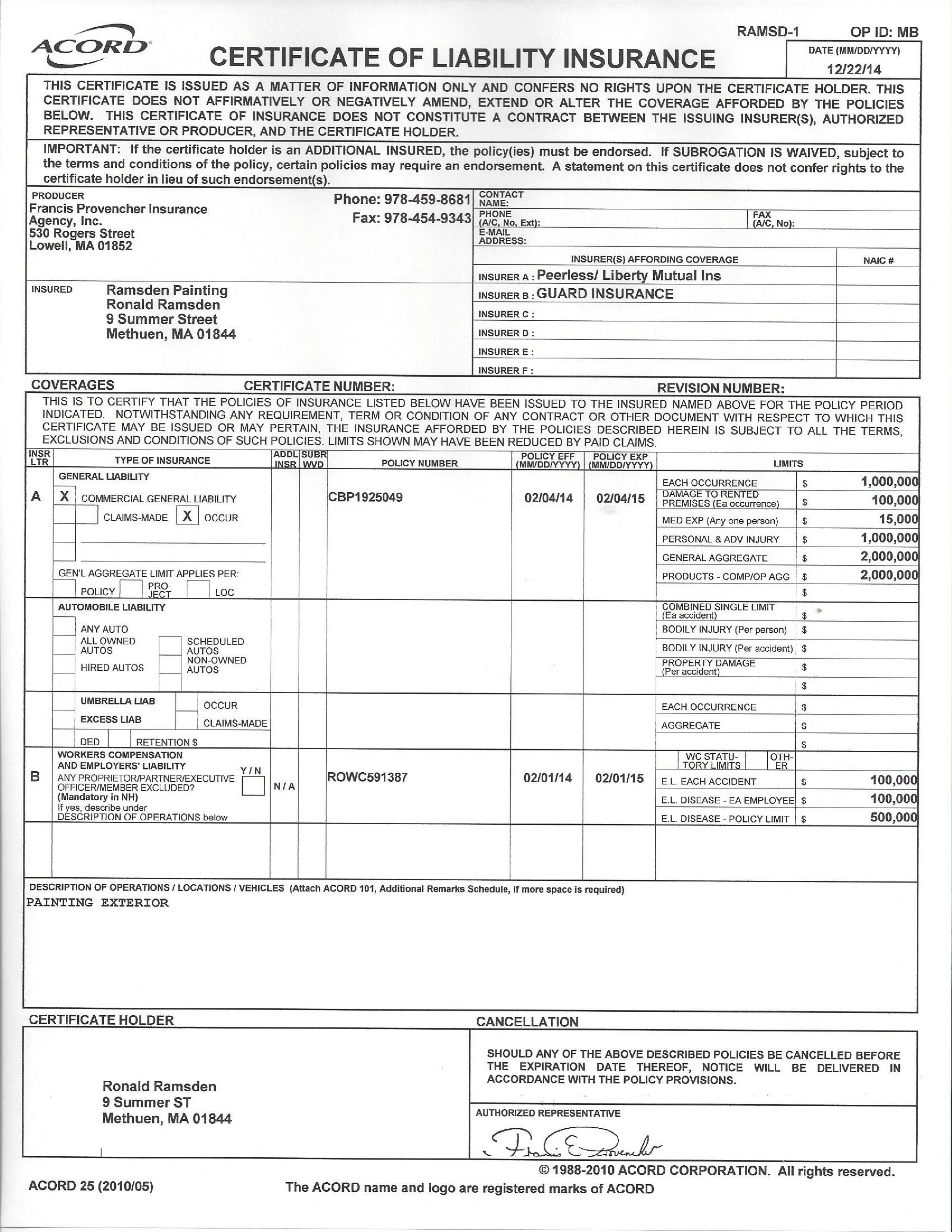 Acord Certificate Of Liability Insurance Form Cafe Petitchien Com Document