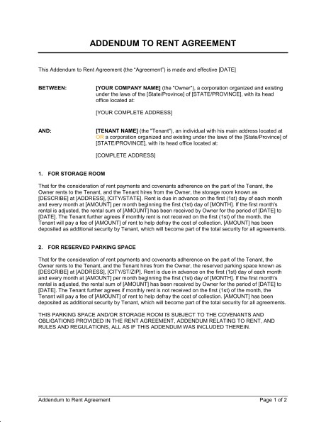 Addendum To Rent Agreement Template Sample Form Biztree Com Document How Write
