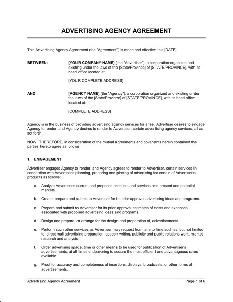 Advertising Agency Agreement Template Sample Form Biztree Com Document Contract