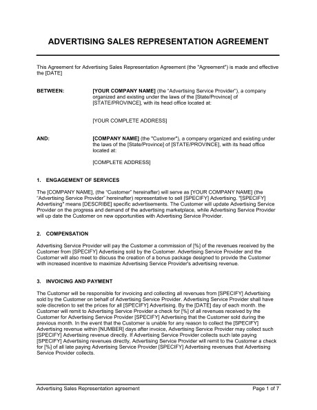 Advertising Sales Representation Agreement Template Sample Form Document Simple