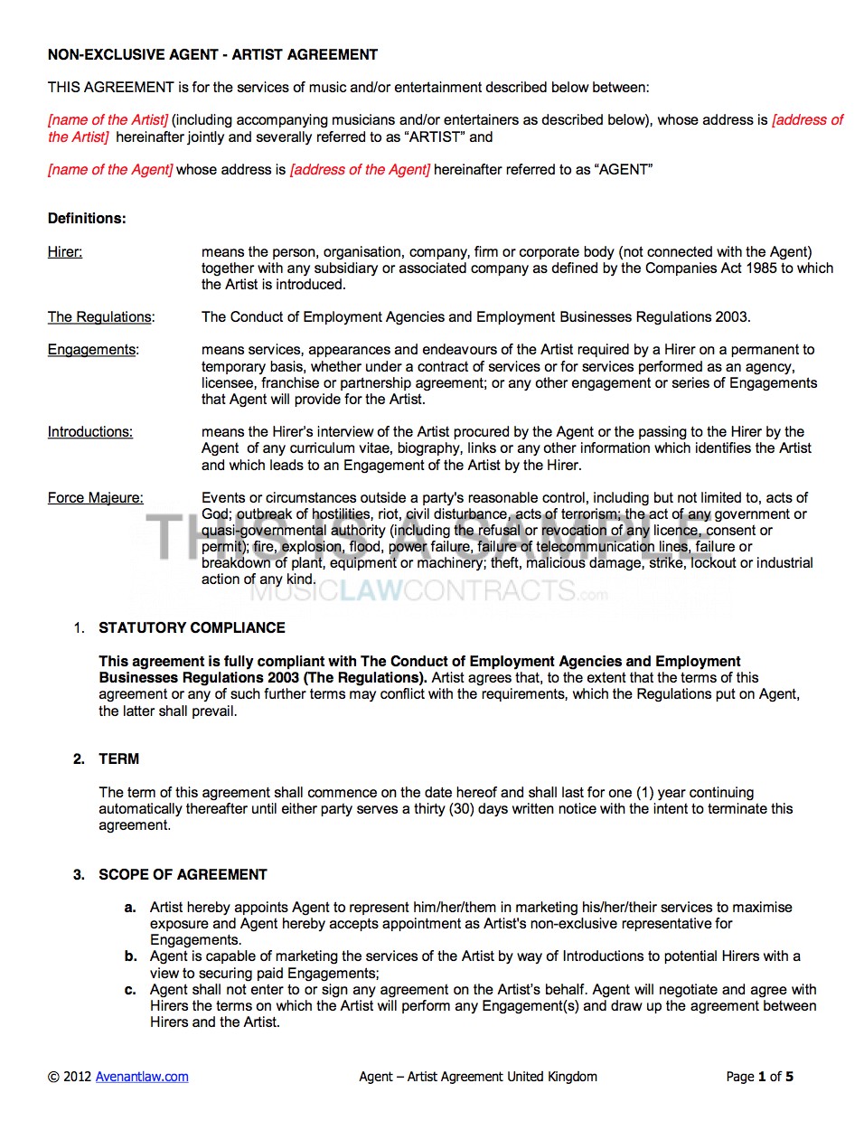 Agency Artist Contract Template UK Use Only Document Agreement