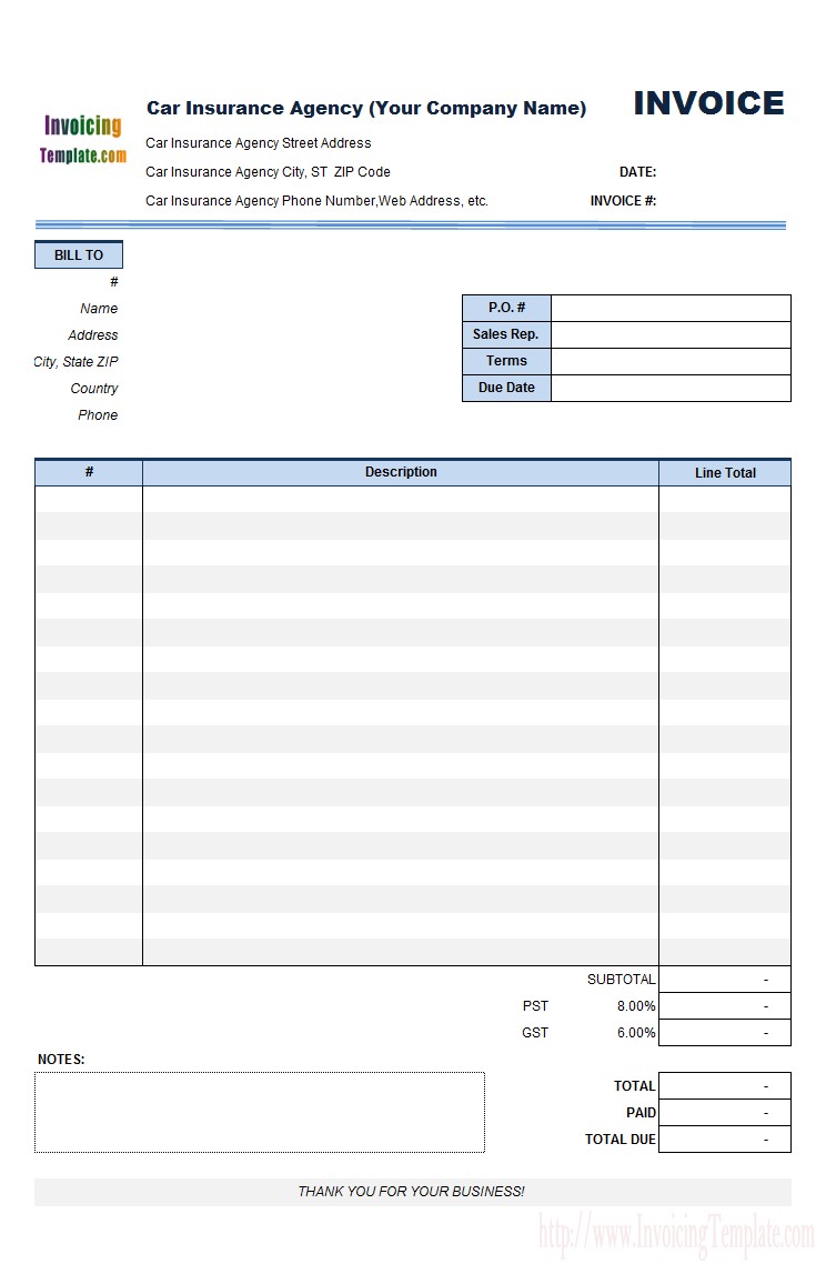 Agency Billing Template Document Insurance Invoice