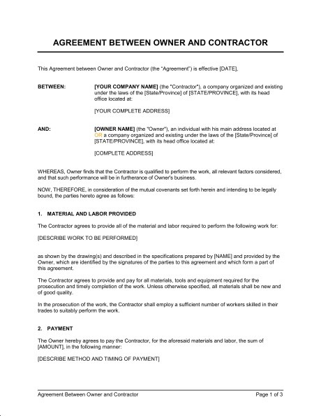 Agreement Between Owner And Contractor Template Sample Form Document Ownership Contract