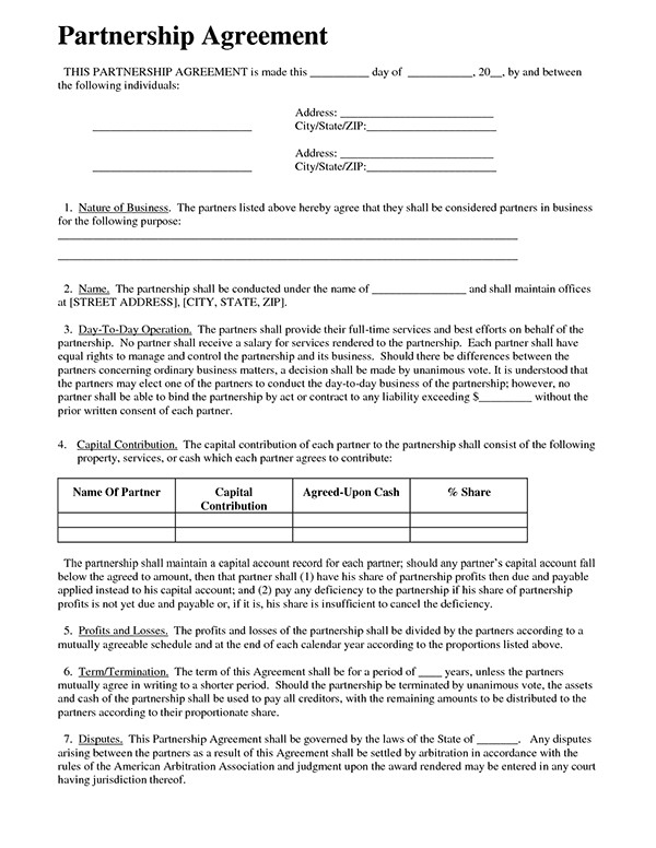Agreement Forms For Business Partnership Form Document Simple Template Doc