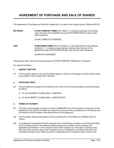 Agreement Of Purchase And Sale Shares Template Sample Form Document Land