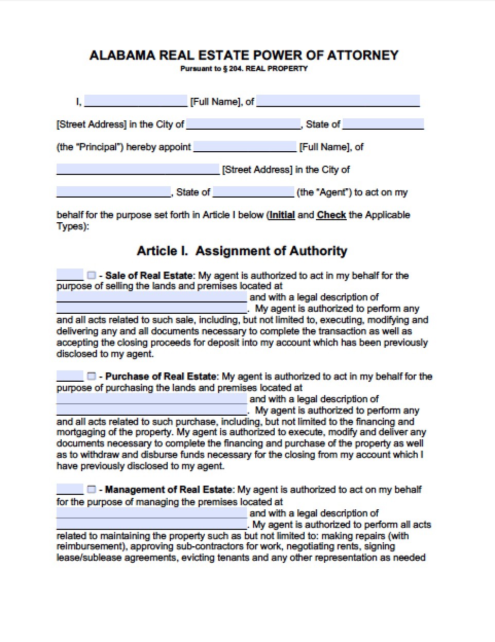 Alabama Real Estate ONLY Power Of Attorney Form Document Durable