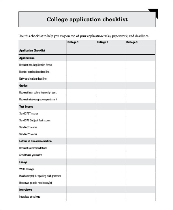 Application Checklist Templates 10 Free Samples Examples Format Document College Spreadsheet