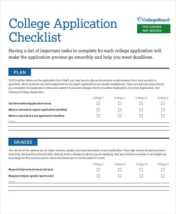 Application Checklist Templates 8 Free Word PDF Format Download Document College