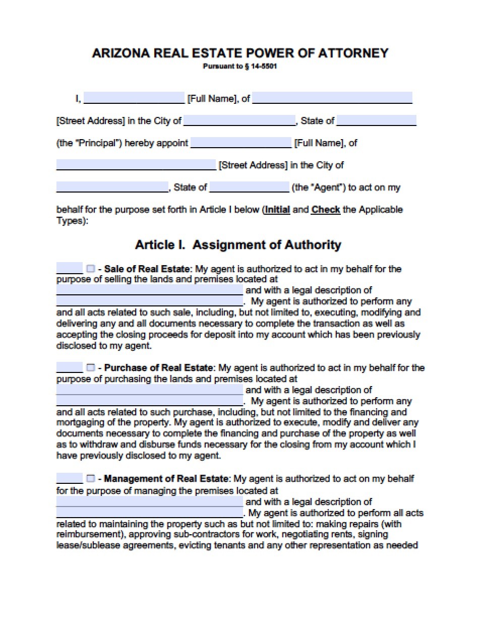 Arizona Real Estate ONLY Power Of Attorney Form Document Durable General