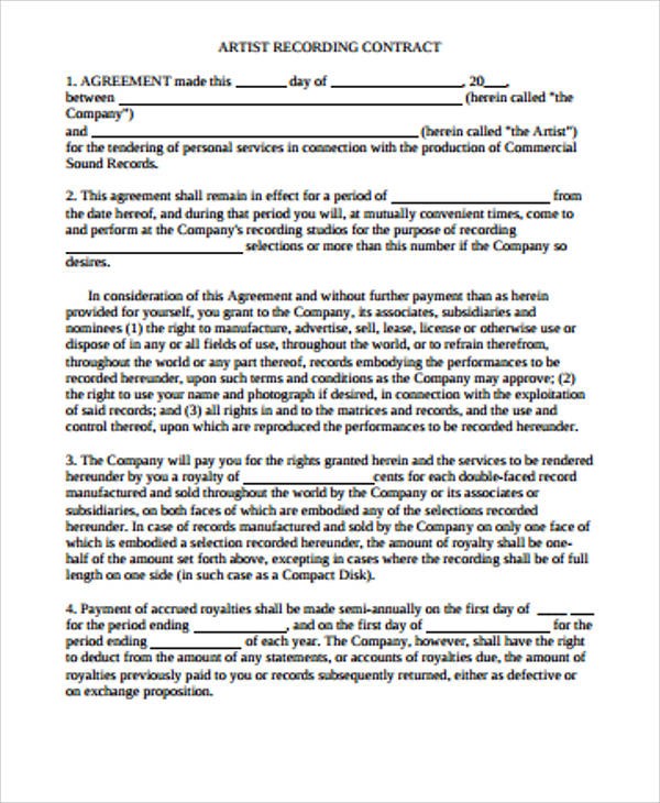 Artist Agreement Contract Sample 9 Examples In Word PDF Document Template