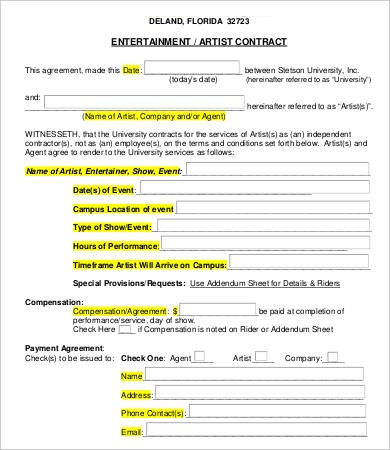 Artist Contract Template 13 Free Word PDF Documents Download Document Entertainment Templates