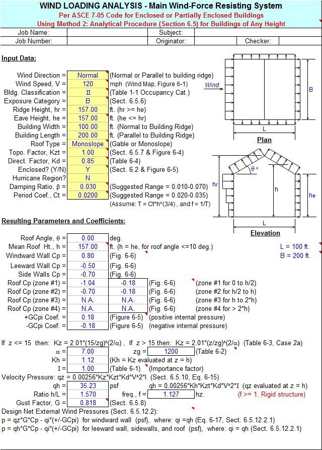 ASCE705W Wind Loading Analysis Per The Asce 7 05 Code Spreadsheet Document Load Calculation