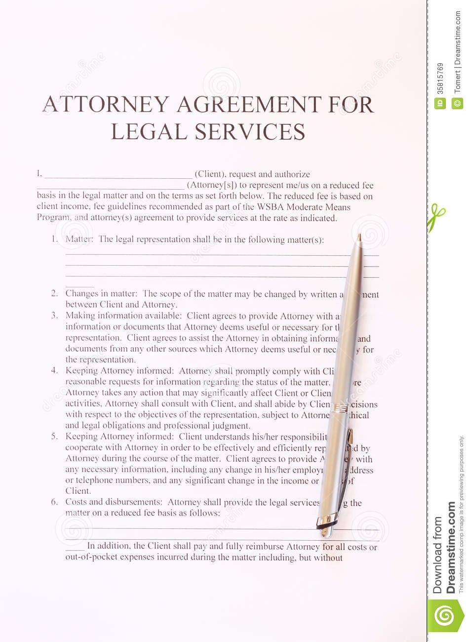 Attorney Agreement For Legal Services Form And Pen Top View Stock Document