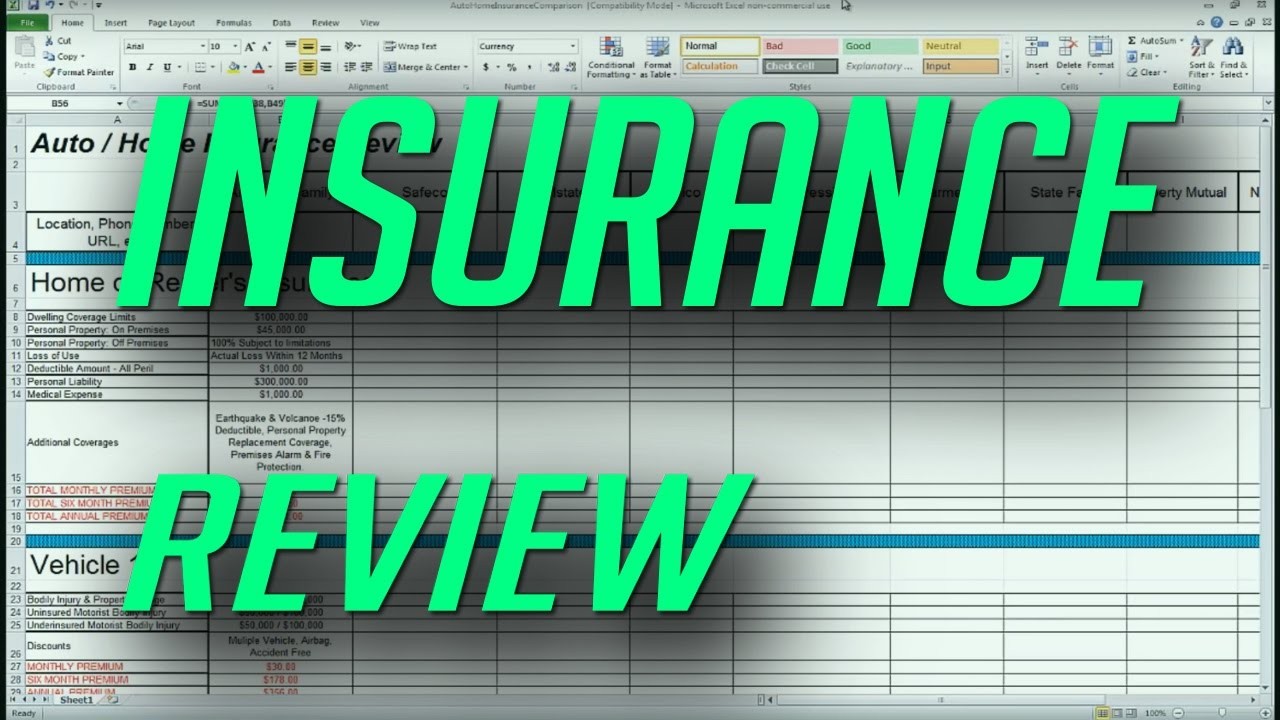 Auto And Home Insurance Comparison Review Spreadsheet YouTube Document Excel