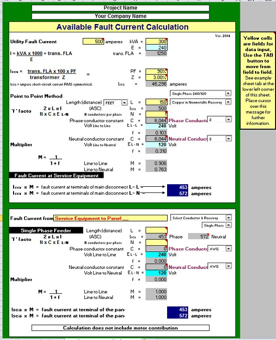 Available Fault Current Calculator Excel Spreadsheet Engineers