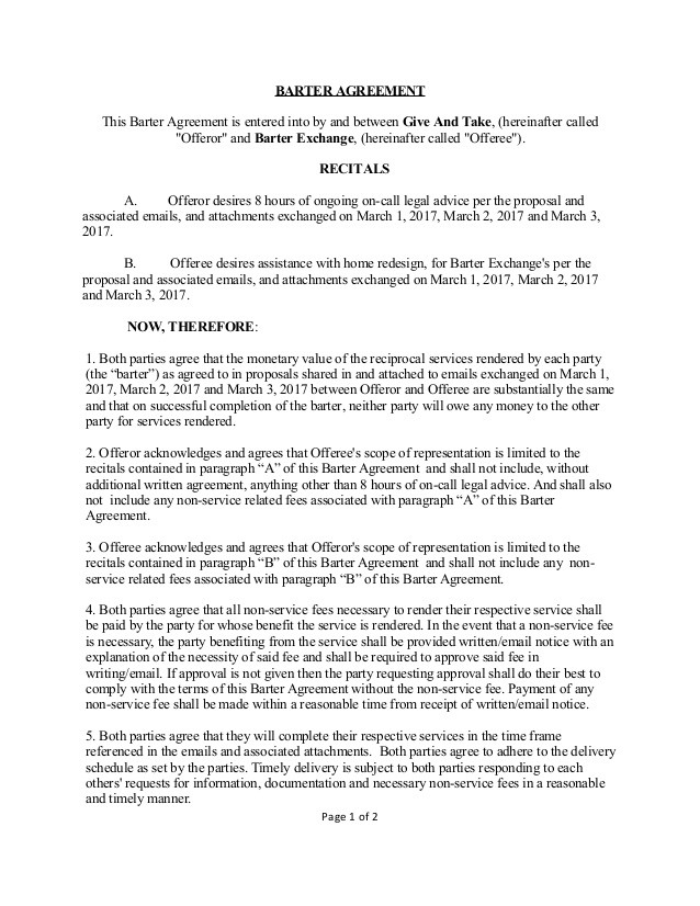 Barter Agreement Document Example