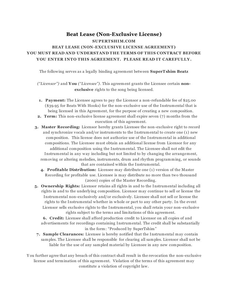 Beat Lease Agreement 2016 By Tshim PDF Archive Document Exclusive Rights Contract