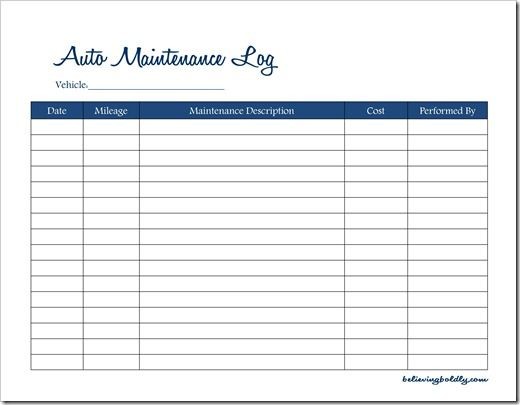 Believing Boldly Auto Maintenance Log Free Printable Car Info Document