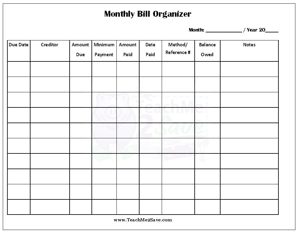 Best Photos Of Blank Printable Monthly Bill Organizer Free Document