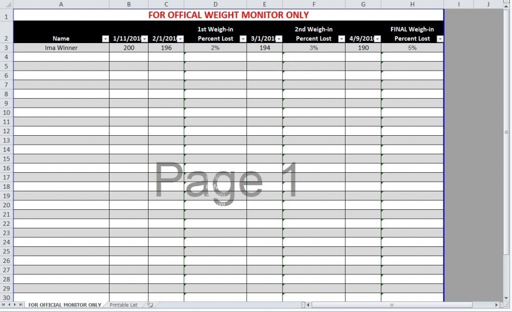 Biggest Loser Spreadsheet Document Tracking Sheet