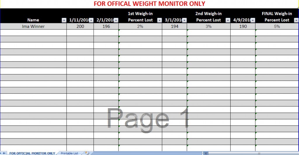 Biggest Loser Spreadsheet Excel Document Tracking Sheet