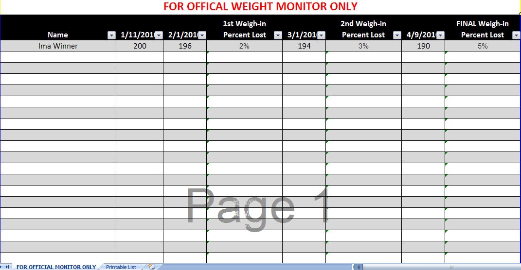 Biggest Loser Spreadsheet Excel Document Weight Loss Challenge Tracker