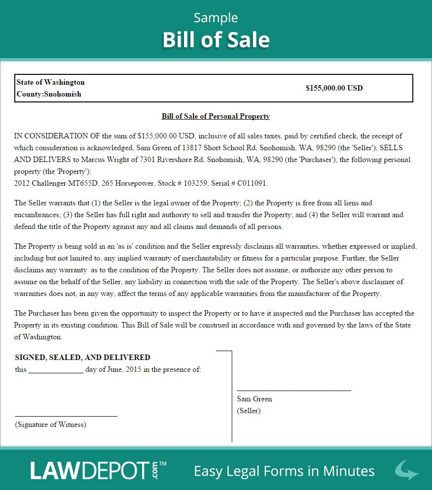 Bill Of Sale Form Free Template US LawDepot Document Fake
