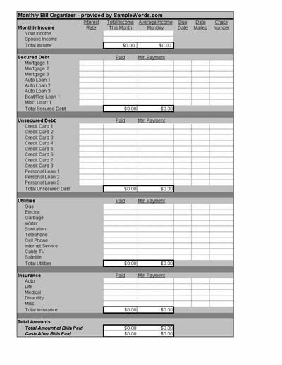 Bill Organizer Template Document Paying